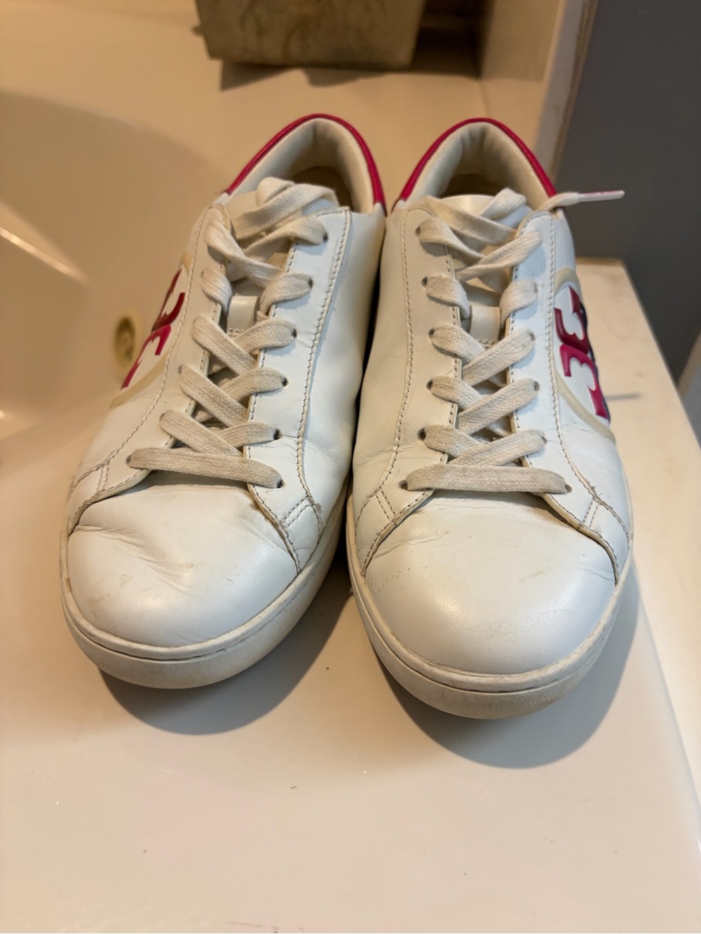 Tory Burch colorful White Leather Women's Sneakers with Pink Accent sz 8 comfy - Picture 4 of 7
